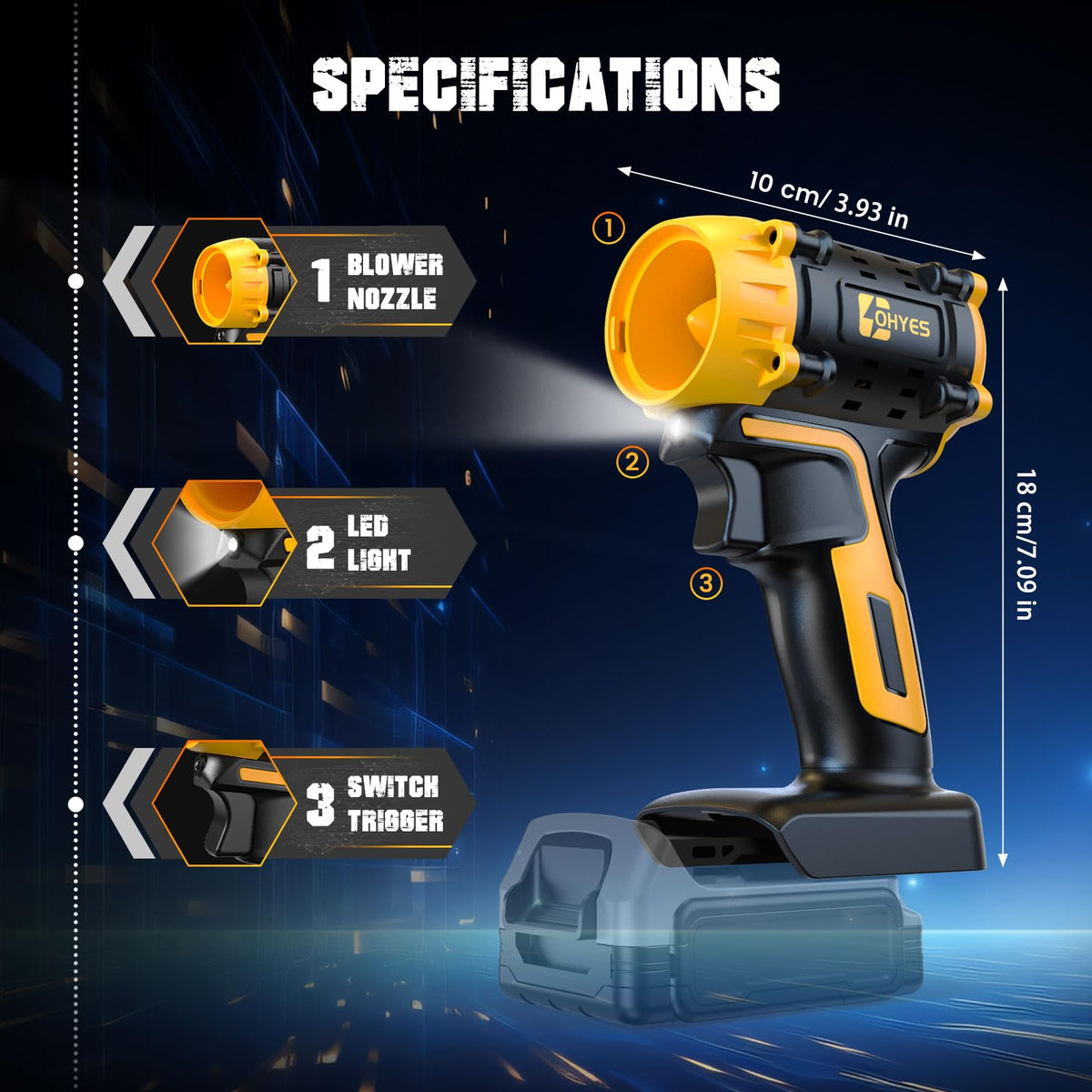 ohyes Air Duster dual-nozzle system for precise spot cleaning and wide debris sweeping.