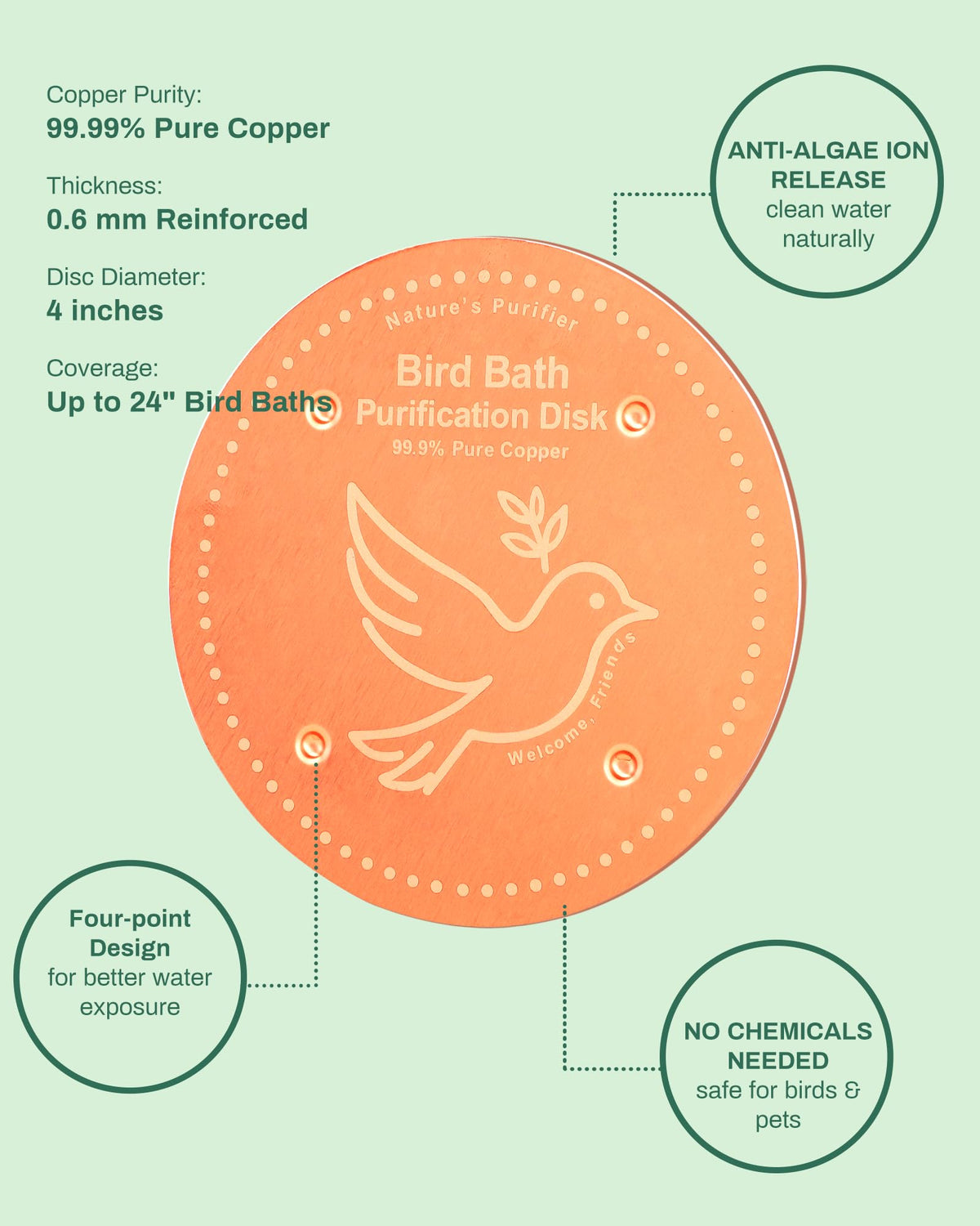 OICEME all-season birdbath fits glass, ceramic, stone, metal, or plastic bowls.