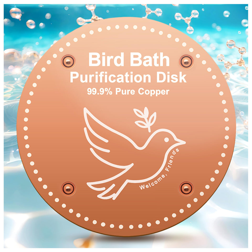 OICEME birdbath purification disk in action, potentially clarifying outdoor water for visiting birds.