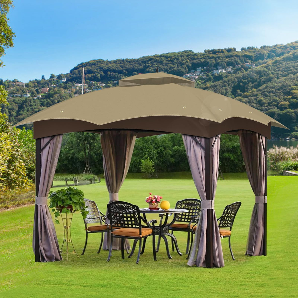 OIPUNSHLE khaki canopy in outdoor setting; versatile shade for patios.