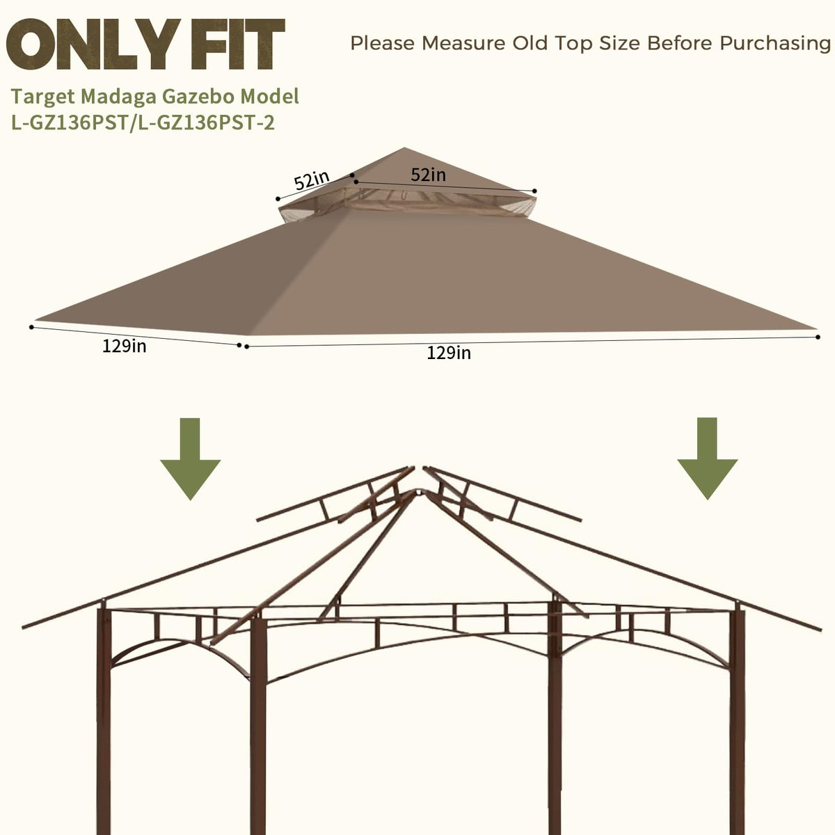 OIPUNSHLE khaki canopy with double-tiered top optimizes ventilation for the gazebo.