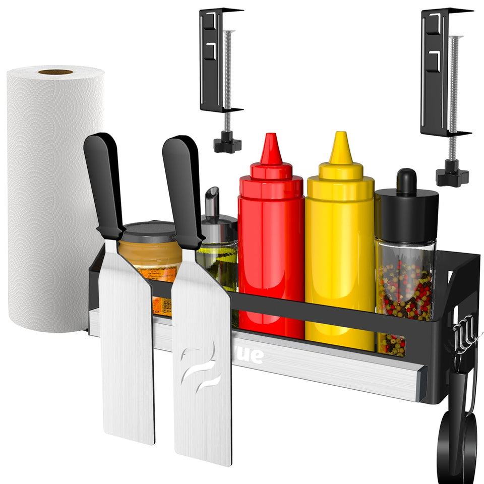 Oiyue Griddle Caddy with magnetic tool holder keeps tools within reach.