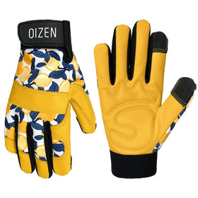OIZEN cowhide gloves front view for durable gardening tasks.