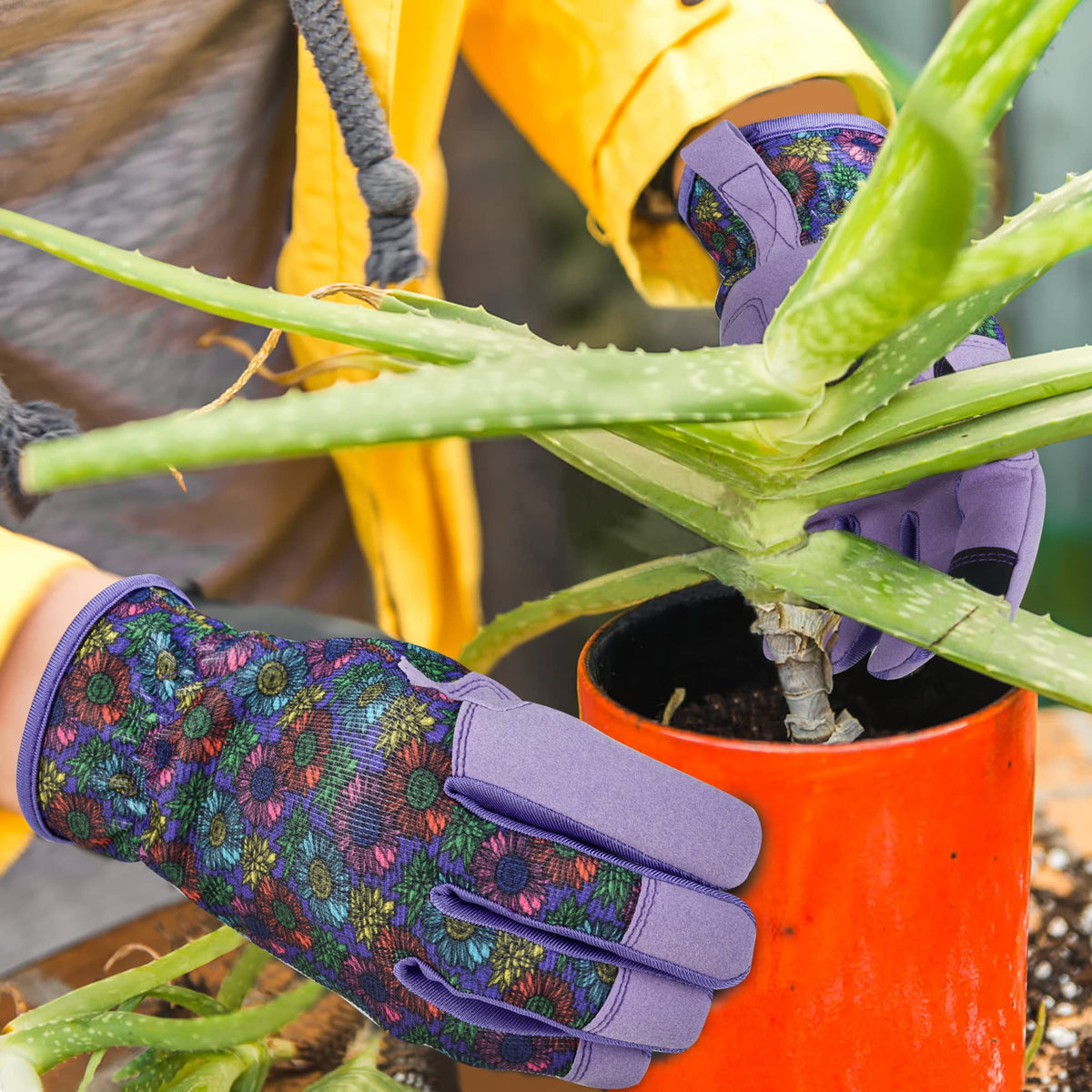 OIZEN gardening gloves featuring a bright flora pattern for style in the garden.