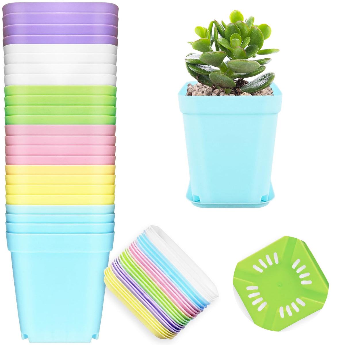 OJYUDD 24-pack colorful square plant pots with pallets for versatile indoor and outdoor use.
