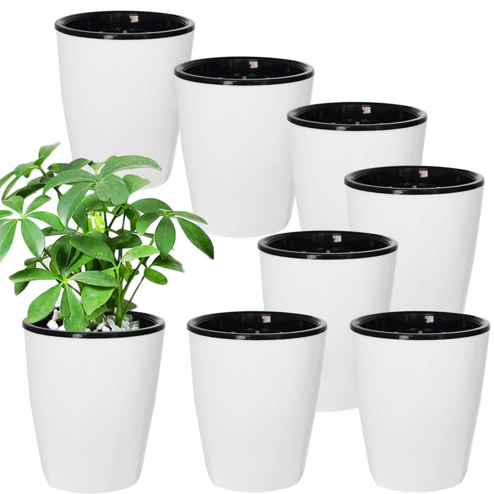 OJYUDD 8-pack self-watering planters in white for low-maintenance indoor gardens.