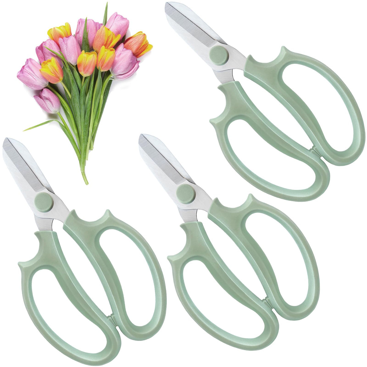 OJYUDD green garden flower scissors 3-pack for precise pruning in bouquets.