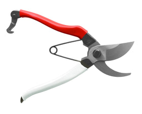 Okatsune pruning shears cutting action shot suggests efficient pruning with minimal effort.