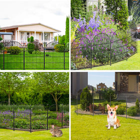 Okaygardn fence used to define a dog yard and garden boundary outdoors.