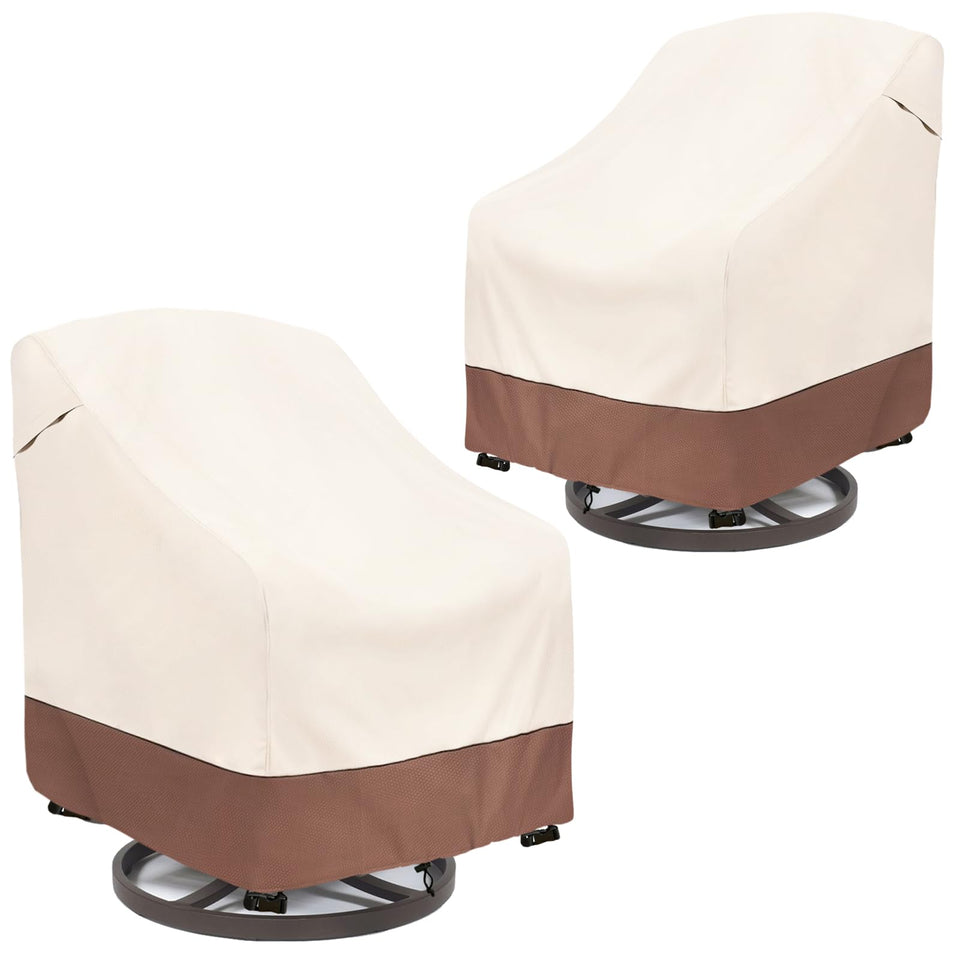 OkCool outdoor swivel chair cover front view on beige-brown fabric, water resistant