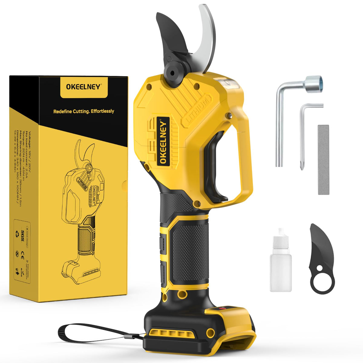 Okeelney electric pruning shears showing DeWalt 20V Max compatibility for cordless operation.