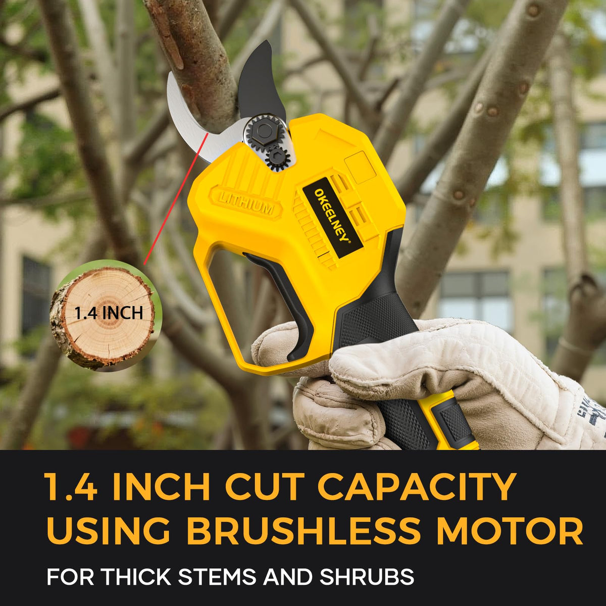 Okeelney pruning shears LED work light illuminates the trimming area.