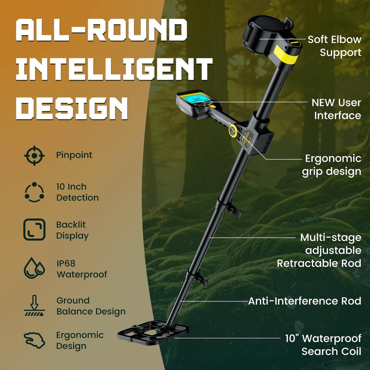 OKESAM foldable metal detector with retractable handle for easy storage and transport.