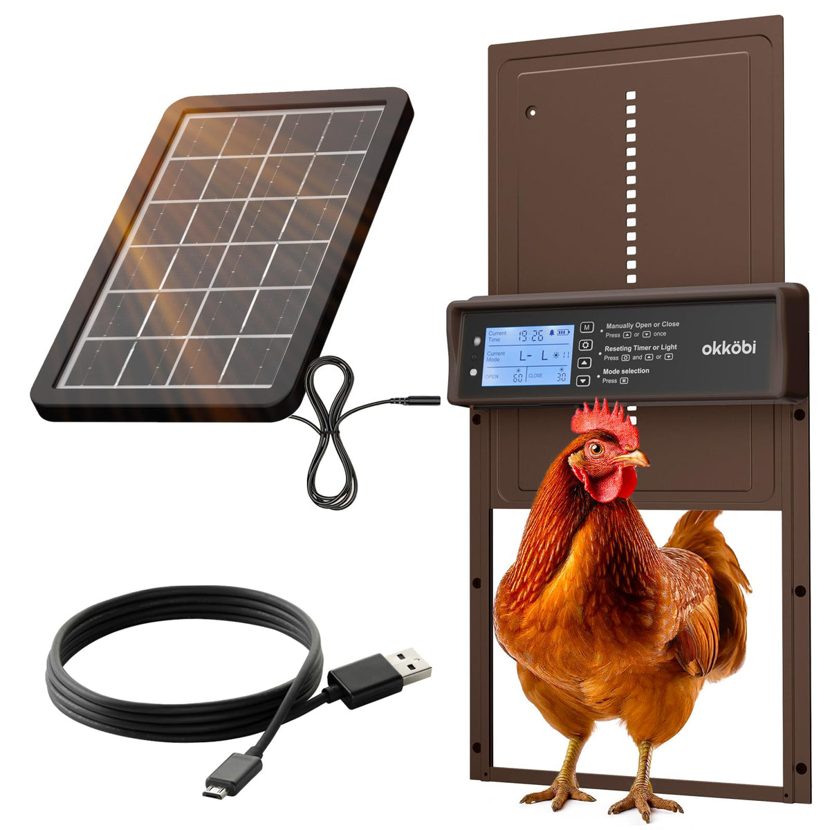 OKKÖBI automatic coop door with solar panel for reliable protection
