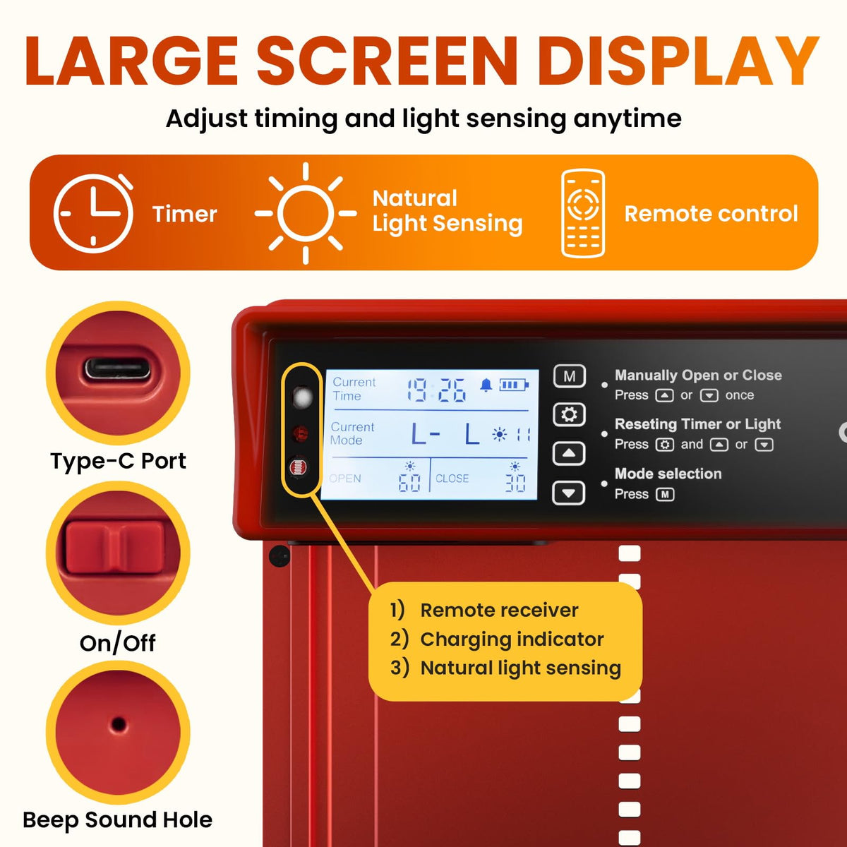 OKKÖBI light sensor ensures sunrise/sunset operation for hands-free coop access.