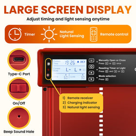 OKKÖBI light sensor ensures sunrise/sunset operation for hands-free coop access.