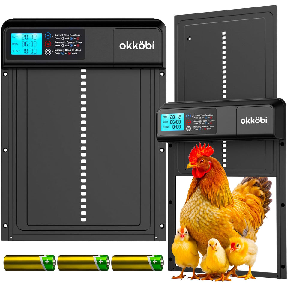 OKKÖBI Coop Door Lite battery-powered setup showing cable-free operation