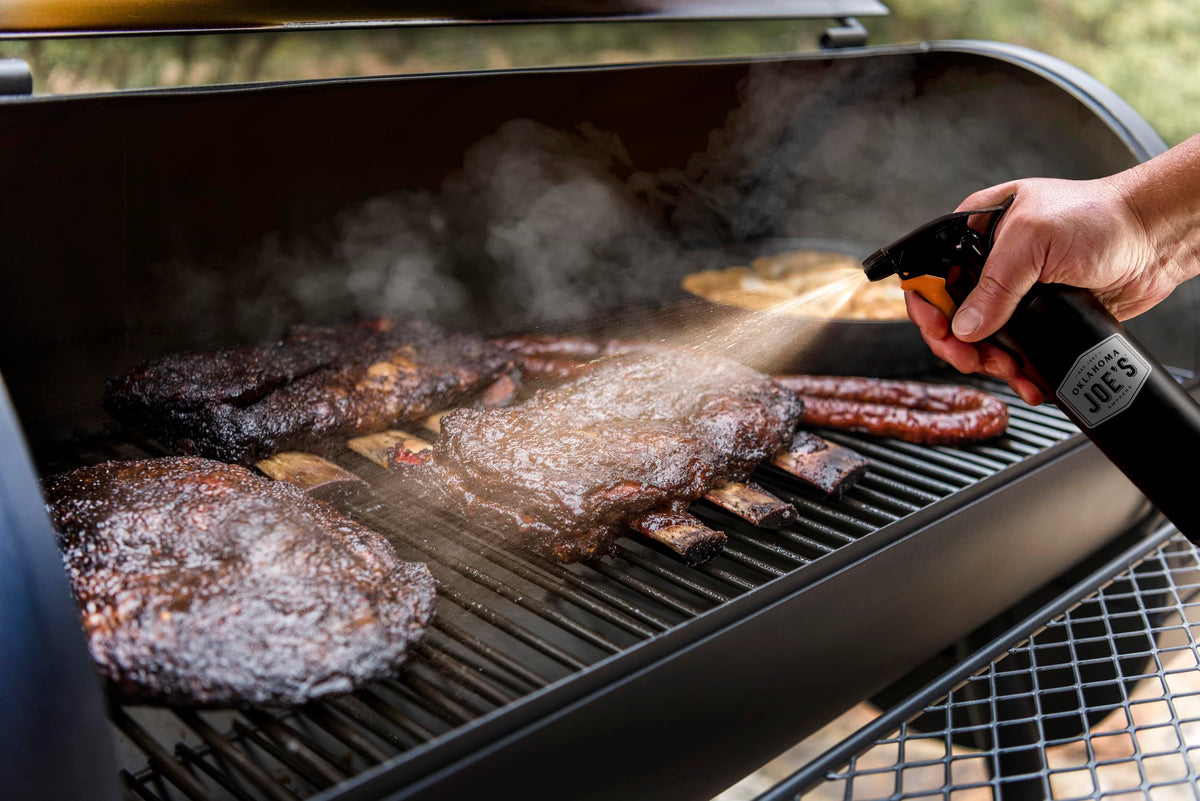 Oklahoma Joe's 2-in-1 in use on grilled meat for even coating.