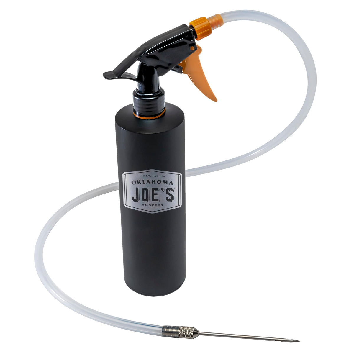 Oklahoma Joe's 2-in-1 injector nozzle close-up shows marinade injection capability.