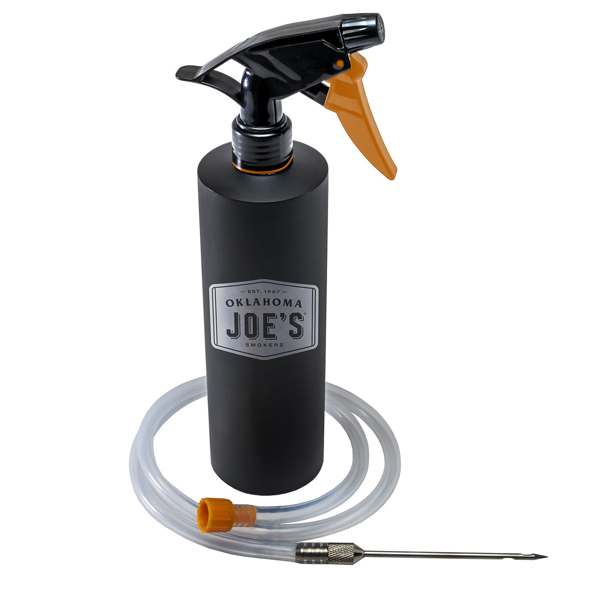 Oklahoma Joe's 2-in-1 spray bottle injector in black with clear window for precise flavor control.