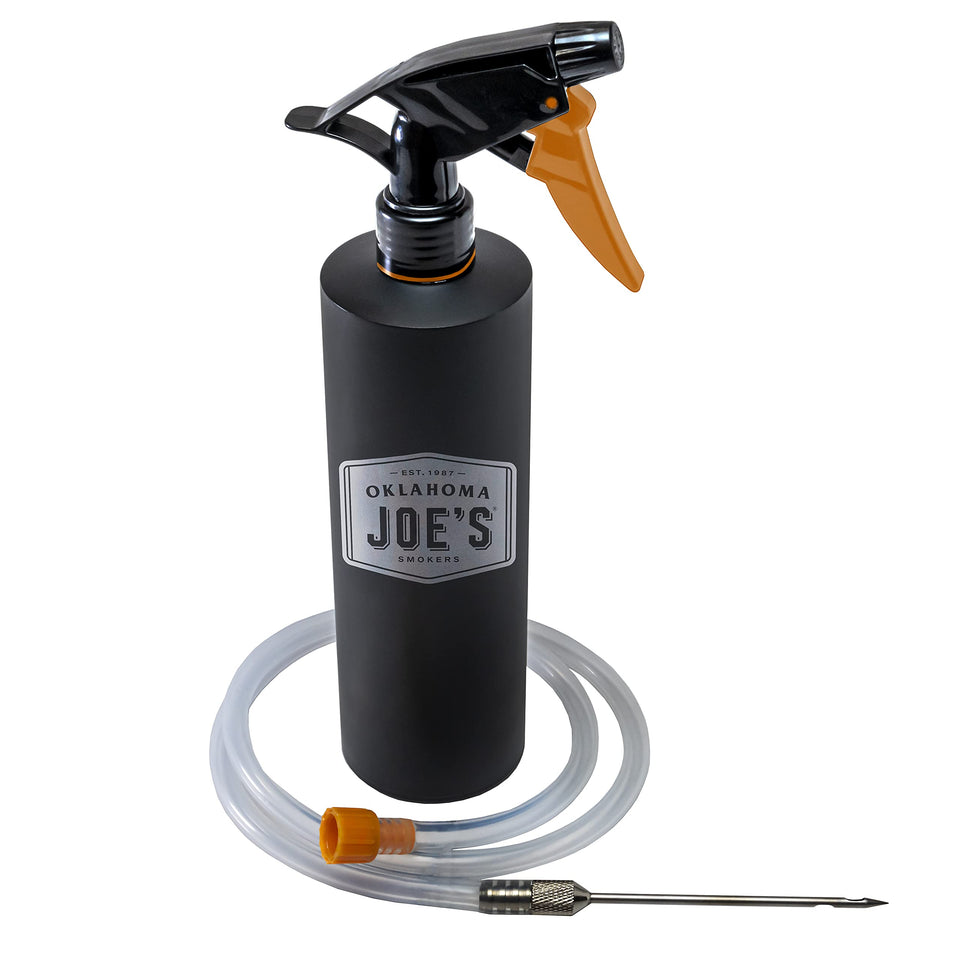 Oklahoma Joe's 2-in-1 spray bottle injector in black with clear window for precise flavor control.
