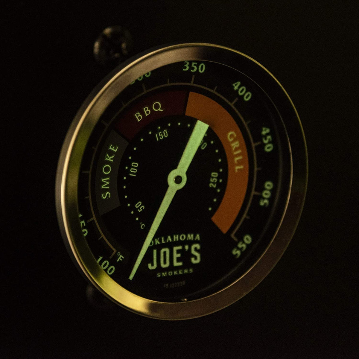 Oklahoma Joe's 3-Inch dial reading clearly shows temperature ranges during cook sessions