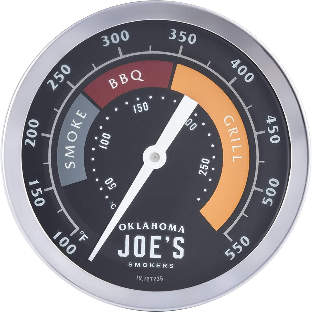 Oklahoma Joe's 3-Inch gauge close-up with glow-in-the-dark dial for easy nighttime readings