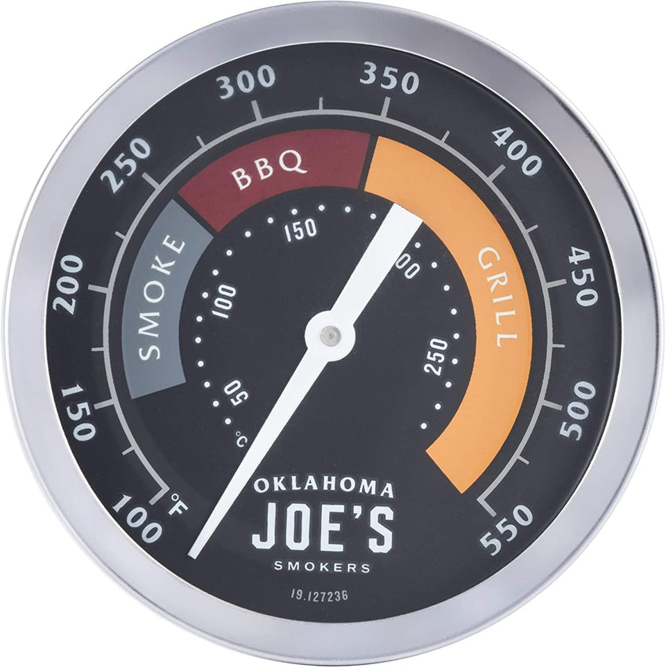 Oklahoma Joe's 3-Inch gauge close-up with glow-in-the-dark dial for easy nighttime readings