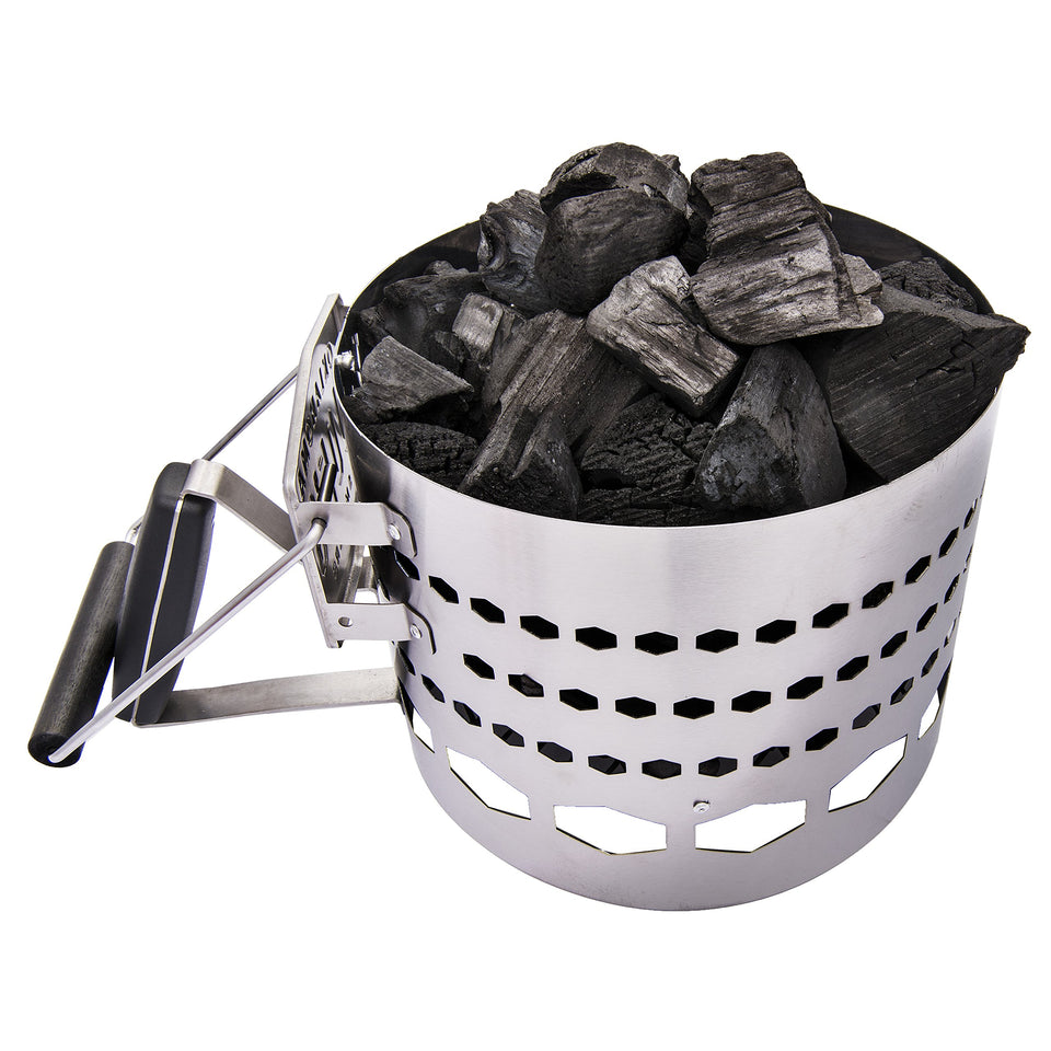 Oklahoma Joe's Halftime XL charcoal starter top view highlighting robust stainless steel design for quick starts