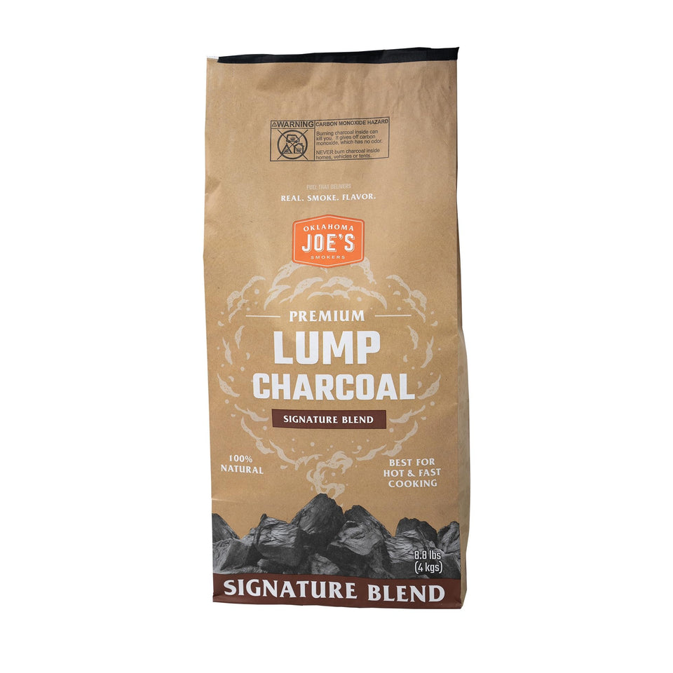 Oklahoma Joe's hardwood lump charcoal bag open showing natural pieces for clean burn and smoky flavor.