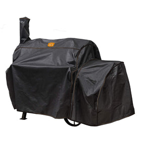 Oklahoma Joe’s Highland Offset Smoker Cover, front view, weatherproof fabric protects the grill.