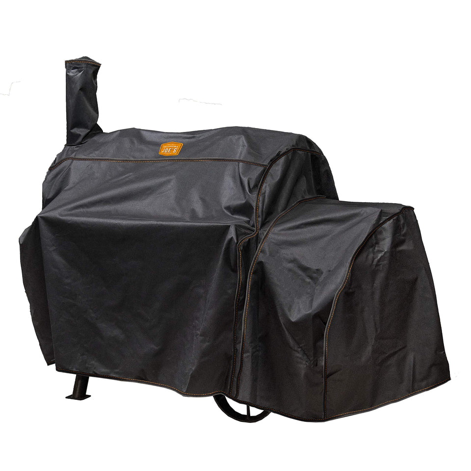 Oklahoma Joe’s Highland Offset Smoker Cover, front view, weatherproof fabric protects the grill.