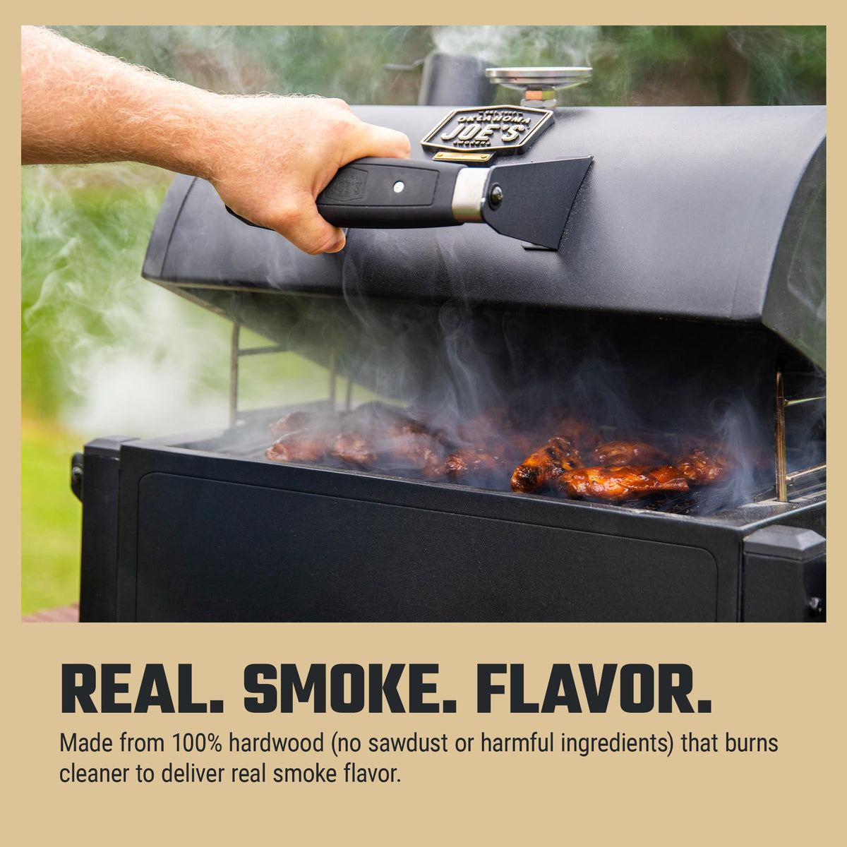Oklahoma Joe's lump charcoal embers glow delivering hot heat for quick searing.