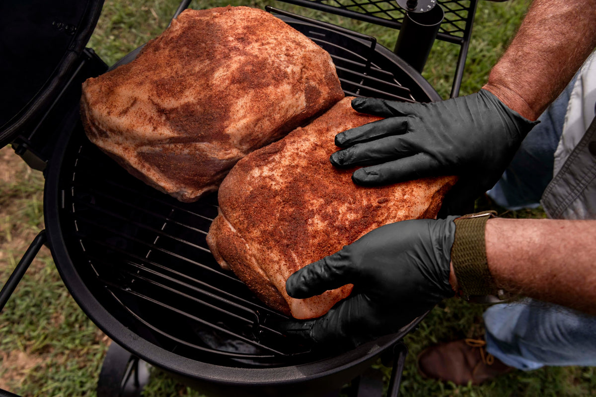 Close-up of powder-free nitrile gloves by Oklahoma Joe's.