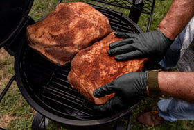 Close-up of powder-free nitrile gloves by Oklahoma Joe's.