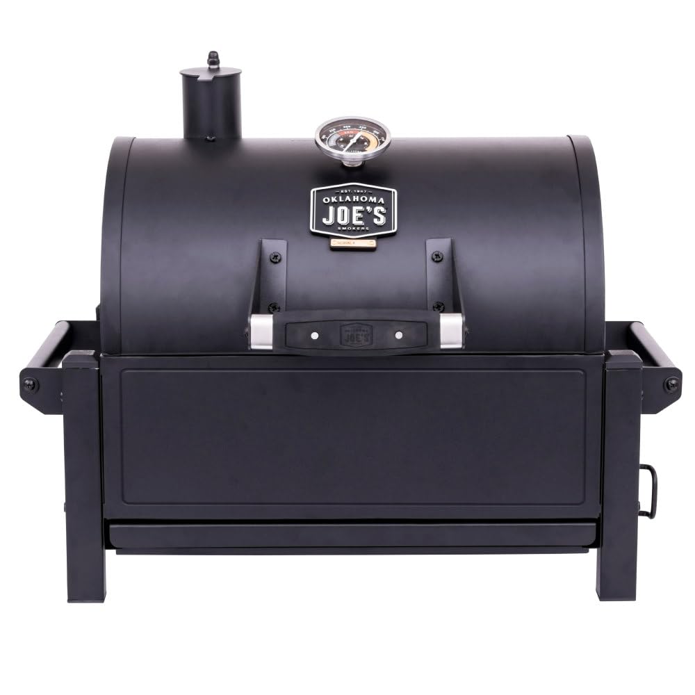 Oklahoma Joe's Rambler tabletop grill in compact setup for travel-ready cooking.