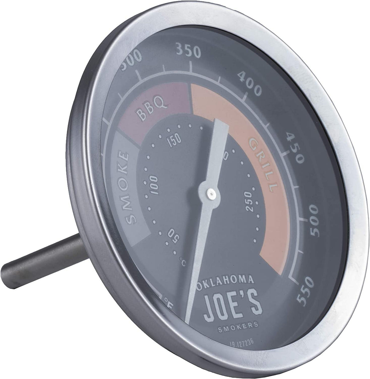 Oklahoma Joe's stainless steel thermometer gauge mounted on smoker lid for durable monitoring