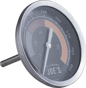 Oklahoma Joe's stainless steel thermometer gauge mounted on smoker lid for durable monitoring
