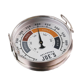 Oklahoma Joe's gauge on grill surface shows precise readings for better searing and control