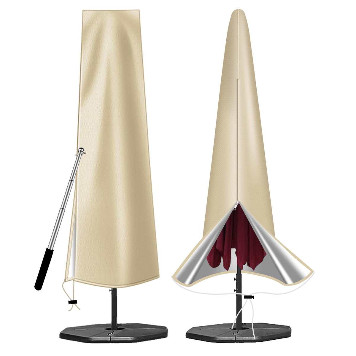 OKPOW patio umbrella cover 12ft fit demonstrates compatibility with round and square umbrellas.