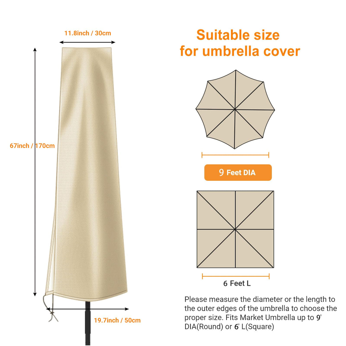 OKPOW umbrella cover showing long zipper for easy on/off installation