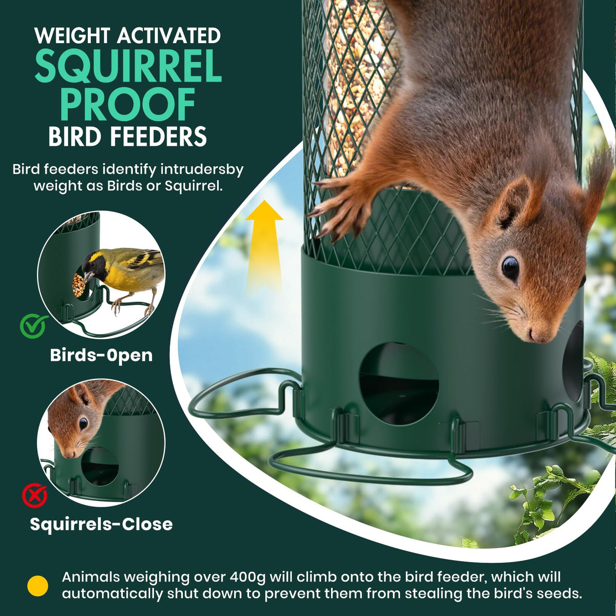 Olaiti weight-activated mechanism deters squirrels while birds feed