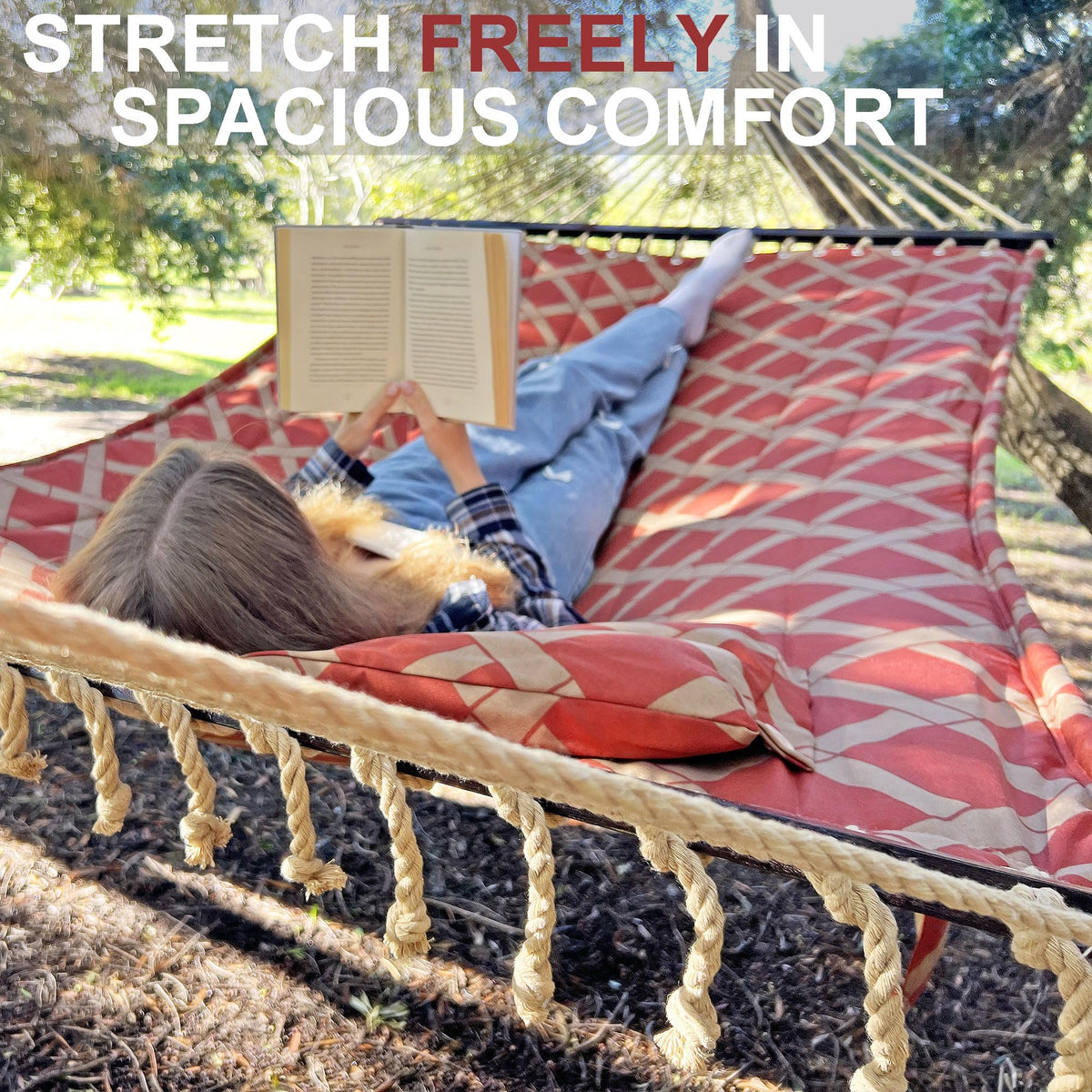 OLALACOZY double hammock with spreader bars keeps fabric flat for comfortable seating.