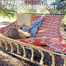 OLALACOZY double hammock with spreader bars keeps fabric flat for comfortable seating.