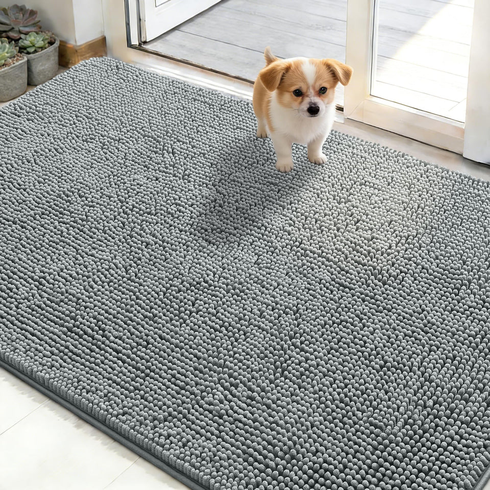 OLANLY dog door mat with plush chenille for muddy paw protection at entryways.