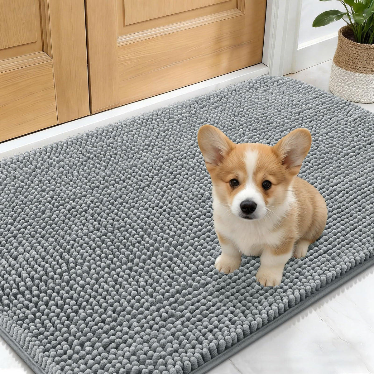 OLANLY dog door mat front view showing muddy paw absorption and quick drying fibers