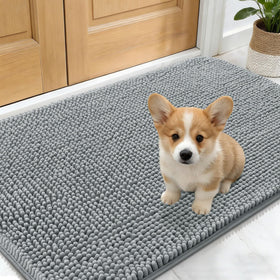 OLANLY dog door mat front view showing muddy paw absorption and quick drying fibers
