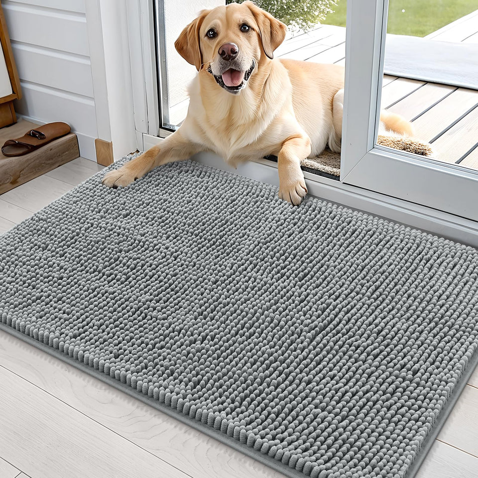 OLANLY dog door mat with muddy paw visuals helps keep entryways dry
