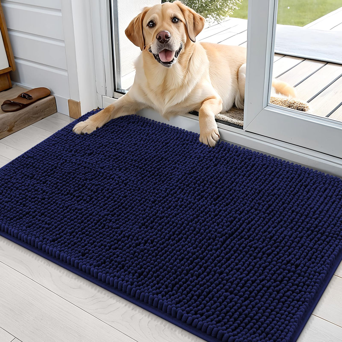 OLANLY dog door mat with muddy paws at entrance, absorbs moisture to keep floors clean