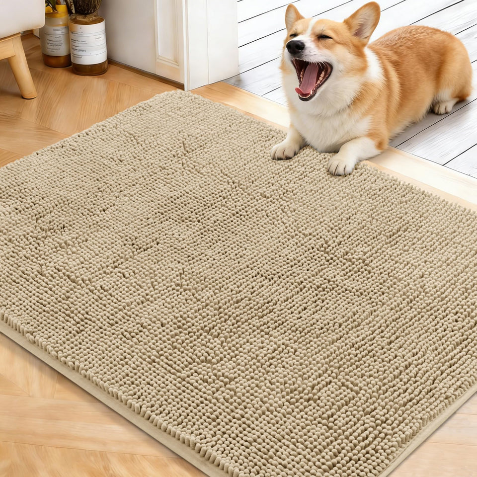 OLANLY dog door mat with muddy paws keeps entry floors dry and clean.